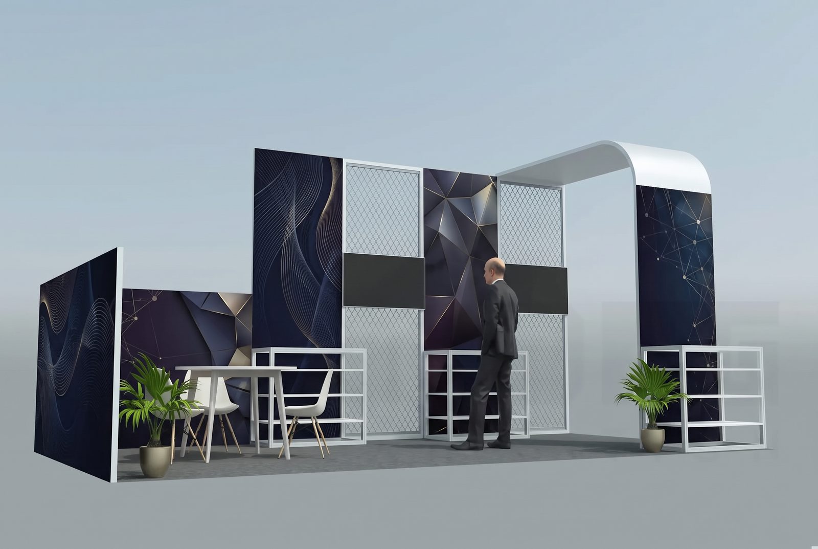 Estande modular com painéis em tecido impresso e portal curvo iluminado